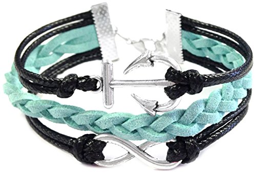 Vintage Leather and Rope Infinity Bracelet - Mint and Black Anchor Infinity