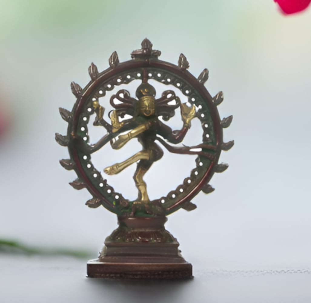 Purpledip Brass Idol Nataraja, Shiva in Cosmic Dance: Antique Design Red Gold Statue (12162)