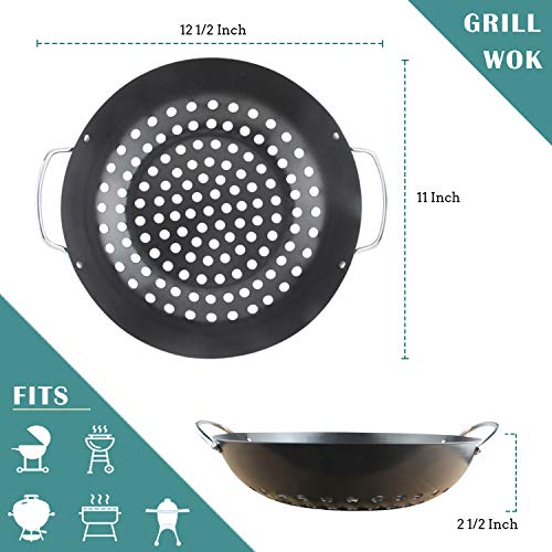 KAMaster Grill Wok for Big Green Egg Non-Stick Grill Basket Pan Round Grilling Wok with Handle M/L/XL Big Green Egg Accessories for STRI Fry,Shrimp,Chicken & Vegetable