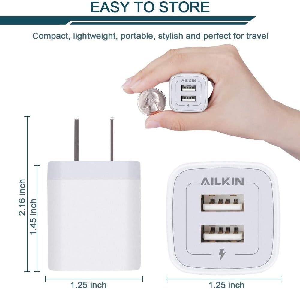 AILKIN USB Plug, Wall Charger Fast Charging Block, Power Adapter Cube 2 Port Charge Travel Brick Cell Quick Chargers Box cargador for iPhone SE, 11Pro Max, Samsung Galaxy, LG, iPad, X, 8, 7,6 Plus