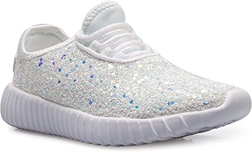 Girls Lace up Fashion Sneaker Glitter Kicks Flexible Tennis Shoe Casual Comfort Lightweight Flat Shoes RM18K White 4