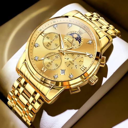 OLEVS Watch for Men Diamond Business Dress Analog Quartz Stainless Steel Waterproof Luminous Date Two Tone Luxury Casual Wrist Watch Blue, gold watches 3655, men watch