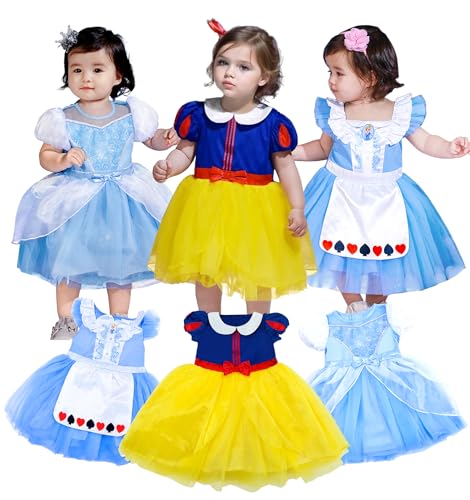 AlecosFun Princess Costume Trunk for Toddler Girls, 3 Pcs Fancy Dresses Tutu Skirts Apron for Babies Birthday 12-18M