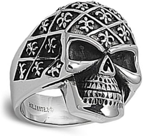 Skull and Fluer De Lis Stainless Steel Ring Size 14