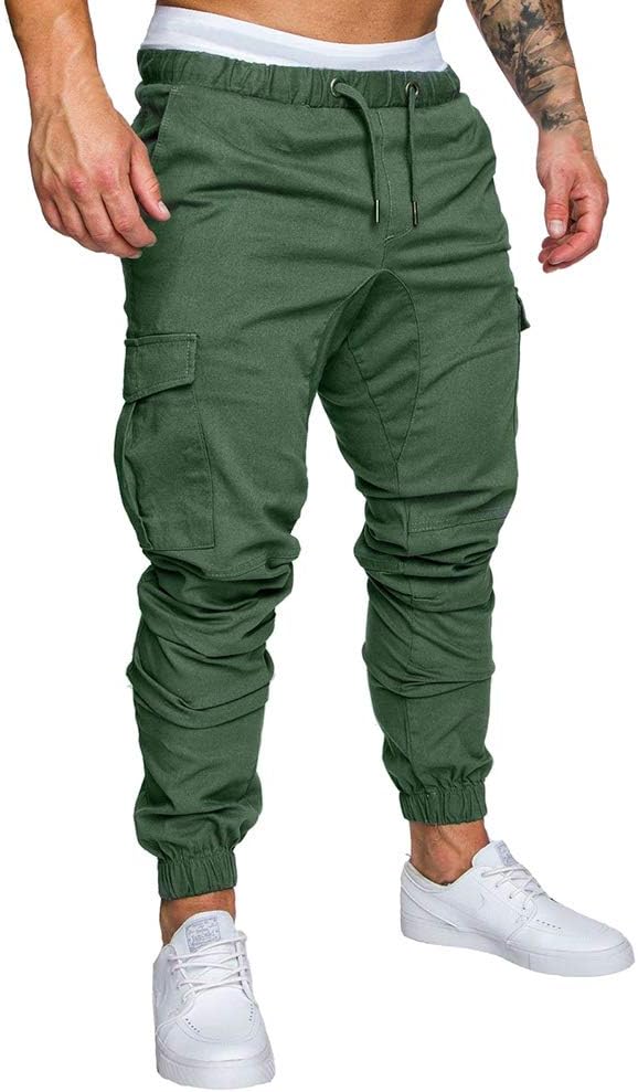 Mens Cargo Trousers Slim Fit Jeans Skinny Elastic Drawstring Chinos Pants with Pockets Fashion Casual Sports