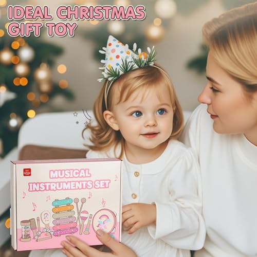 Lehoo Castle Musical Instruments for Children from 1 Year, Girls Montessori Toy Gift 2 3 Years, Children's Wooden Instruments Music Set with Xylophone & Drum