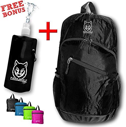 ParaWolf Travel Backpack - LIGHT - FOLDABLE - PACKABLE - DAYPACK with Waterproof Fabric and Zipper Pockets (Black Daypack with The Best Bonus of a Black Water Bottle)