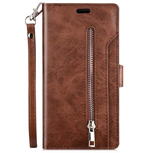 Case for Samsung Galaxy J3 Emerge,Galaxy J3 Prime Case,Amp Prime 2 / Express Prime 2 Case,PU Leather Flip Wallet Case Protective Case Cover Multi-Function 9 Credit Card Holders Zipper Coin Purse,Brown