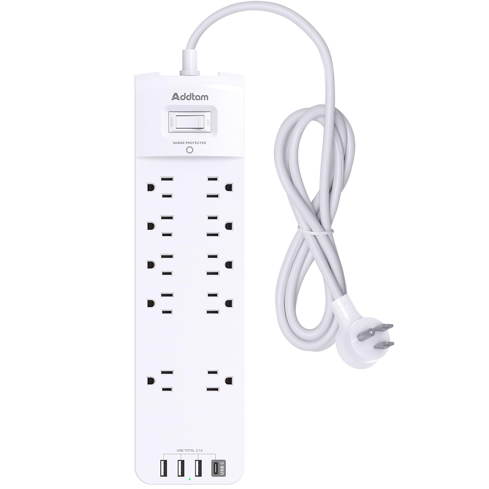 Photo 1 of Power Strip, Addtam Surge Protector with 10 Outlets and 4 USB Ports, 6 Feet Extension Cord with Flat Plug, 2700 Joules, ETL Listed, White