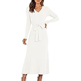 ANRABESS Womens Long Sleeve Fall Dress 2025 V Neck A-line Tie Waist Ribbed Knit Bodycon Midi Sweater Dresses