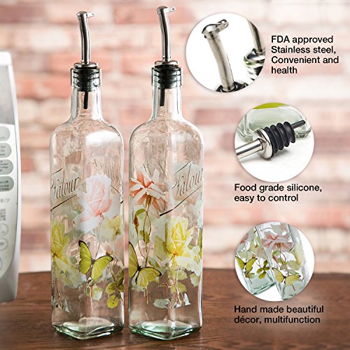 CEDAR HOME Olive Oil Bottle Set Glass Dispenser Vinegar Cruet 17oz. with Stainless Steel Leak Proof Pourer Spout for Cooking or Salad Dressing, 2 Pack, Pink