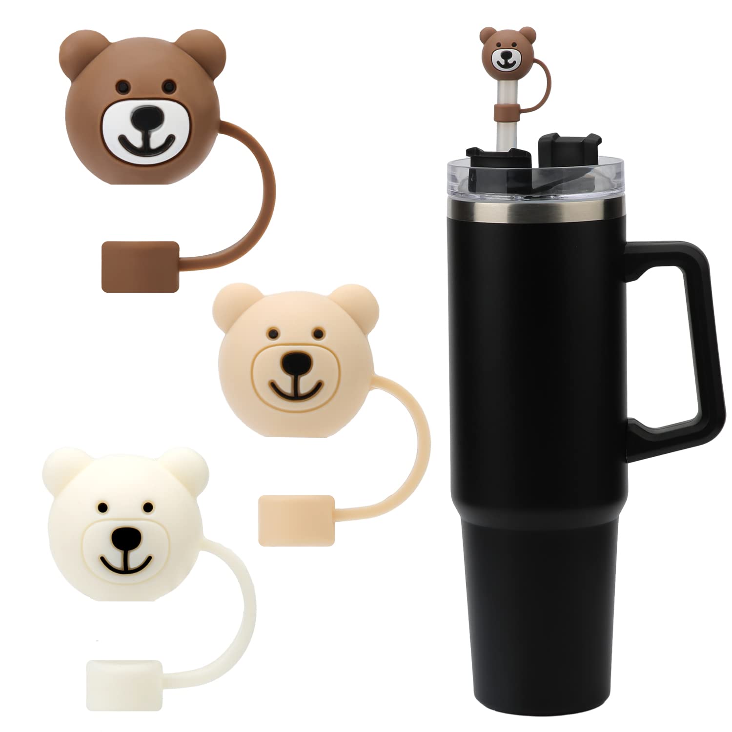 LUTER 3pcs Bear Straw Cover, Cute Straw Covers Cap Cartoon Soft Silicone Bear Straw Toppers Straw Tips Lids Protector Cover BPA Free Compatible with 10mm Stanley Straws 30 40 oz Tumbler Cup (E40008)