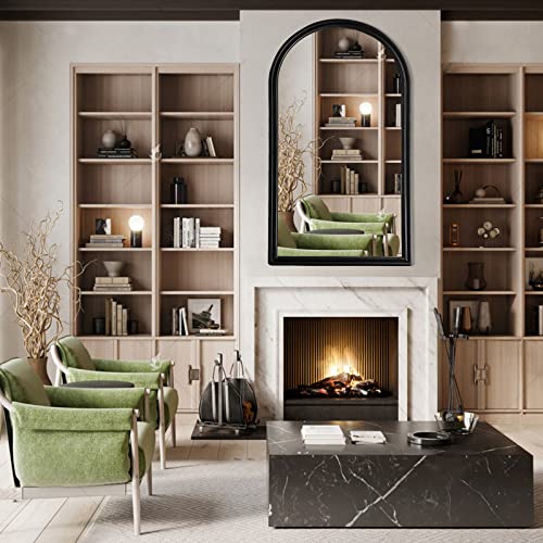 POZINO Arched Wall Mirror, Black Arch Mirror Decor, Bathroom Mirrors for Wall, Mantel Decorative Mirror, Wall Mounted Mirror with Aluminum Alloy Frame for Bedroom Living Room Entryway, 43.3x23.6 Inch