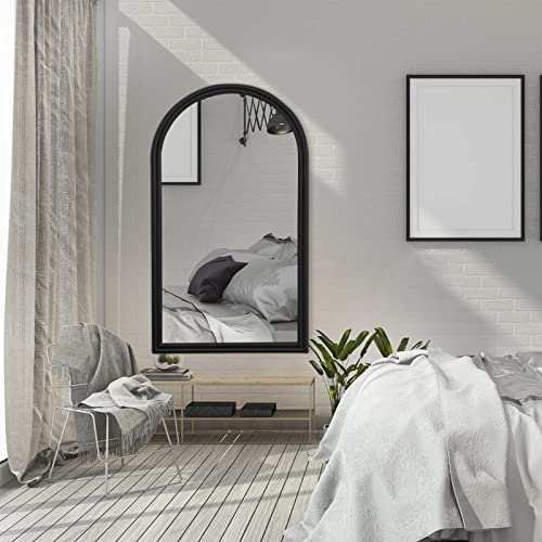 POZINO Arched Wall Mirror, Black Arch Mirror Decor, Bathroom Mirrors for Wall, Mantel Decorative Mirror, Wall Mounted Mirror with Aluminum Alloy Frame for Bedroom Living Room Entryway, 43.3x23.6 Inch
