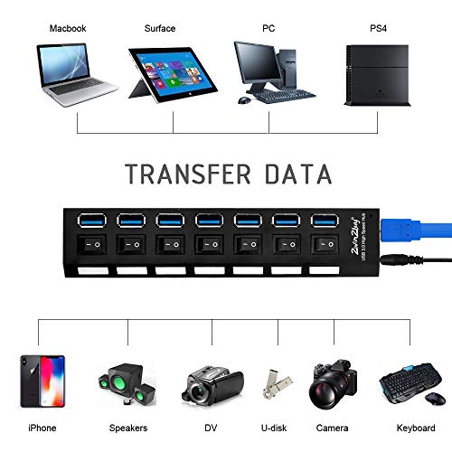 USB HUB 3.0 Splitter for Ps4,2win2buy 7 Port USB Data Hub with Power Adapter and Charging Port,Individual On Off Switches & Lights for Laptop PC Computer Mac Playstation 4 Slim Pro Flash Drive