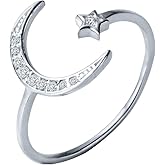 Kokoma Dainty Star and Crescent Moon Open Ring 925 Sterling Silver for Women CZ Crystal Promise Engagement Eternity Ring Wedding Band FExpandable Band