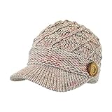 Chunky Cable Knit Marled Beanie Hat w/ Visor Brim, Warm Fuzzy Winter Skull Cap