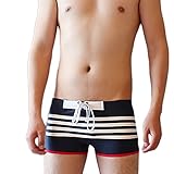 Linemoon Men's Beach Gradient Stripe Red/Grey/White Nylon Boxer Swimsuit