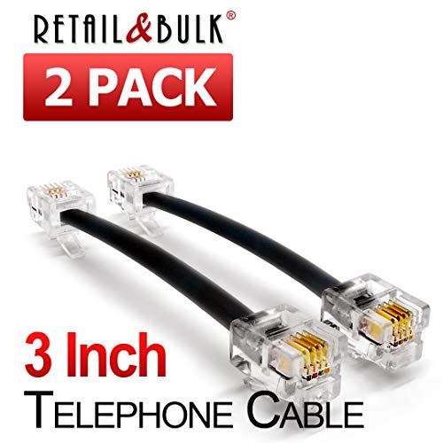 3 Inch Telephone Cable RJ11 4-Pin Male to Male 3", Phone Line Cord (2 Pack, Black)