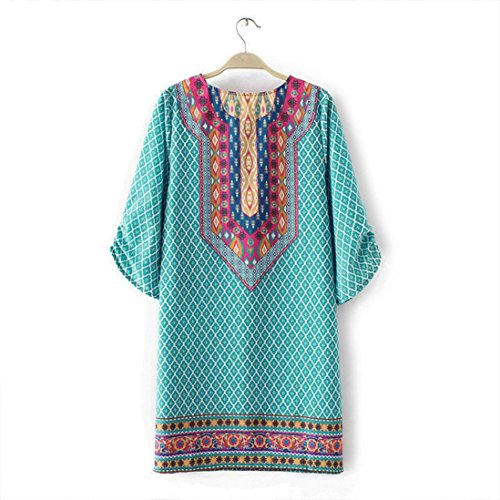 Han Shi-Dress Clearance Dress-Han Shi Women Vintage 3/4 Sleeves Geometric Print Summer Sundress (Green, S) - Thumbnail 3