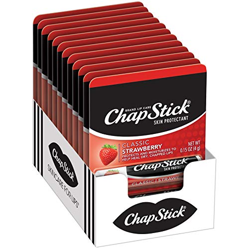 ChapStick Classic (12 Carded Packs of 1 Stick) Strawberry Flavor Skin Protectant Flavored Lip Balm Tube, 0.15 Ounce Each (12 Total Sticks)