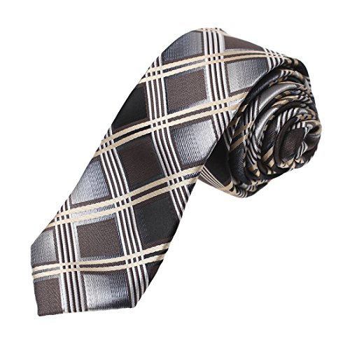 Dan Smith DAE7C03G Tan Wheat Grey Checkered Microfiber Skinny Tie Beautiful Design Slim Tie