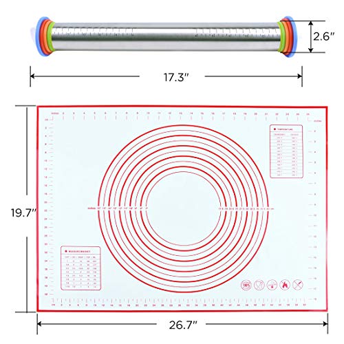 Rolling Pin with Thickness Rings, Adjustable Rolling Pin and Pastry Mat Set for Baking Dough, Pizza, Pie Crusts, Pastries, Pasta and Cookies