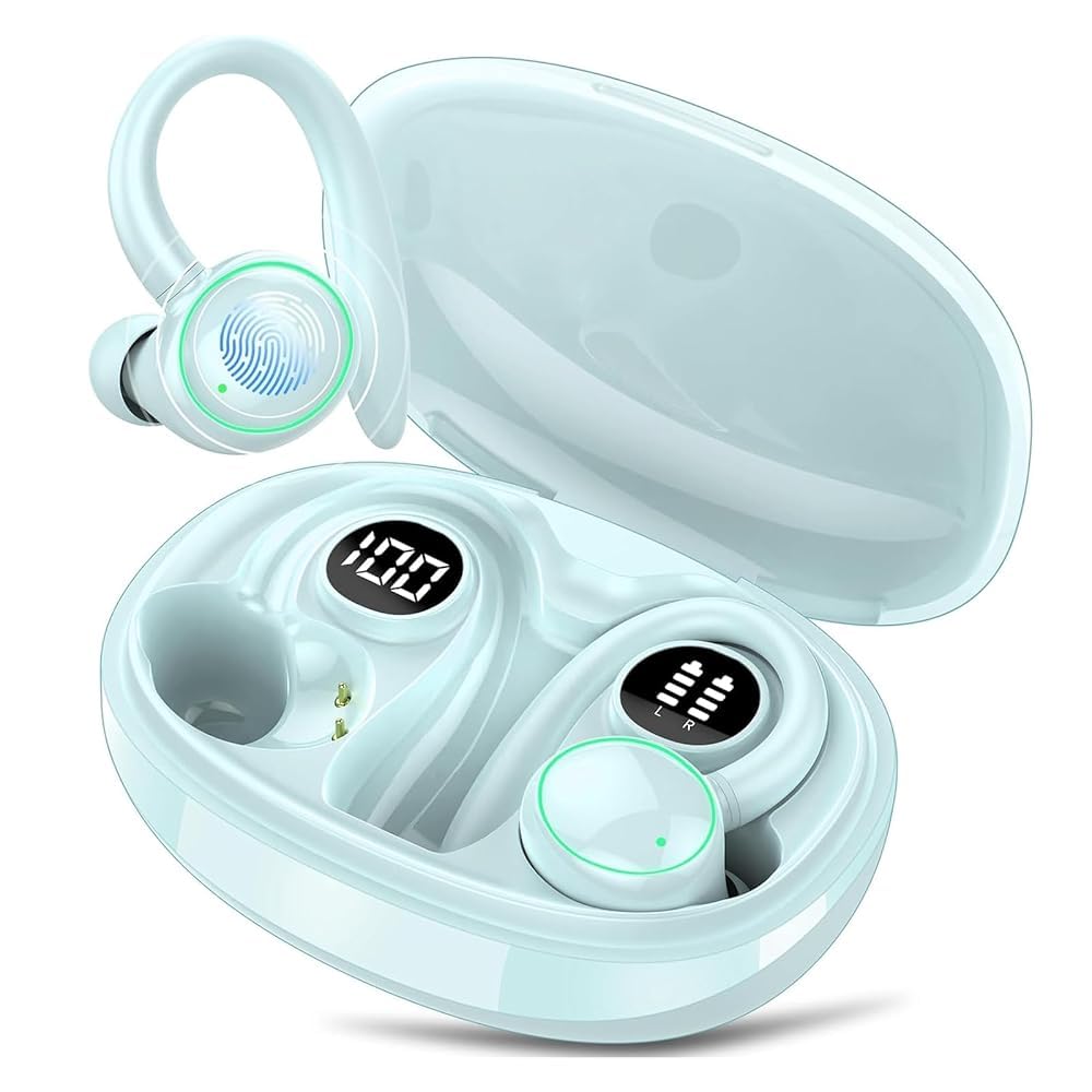 PEFUPEW Wireless Earbuds, Bluetooth 5.4 Headphones Sport, Over Ear Buds with ENC Noise Cancelling Mic, 48H, Wireless Earphone with Earhooks, IP7 Waterproof Buds for Workout Running, Light Blue Image