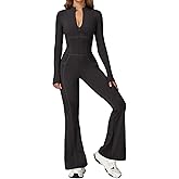 ECUPPER Women Long Sleeve Flared Jumpsuit Zip Up Romper One Piece Full Bodysuits Yoga Unitard Wide Leg Sexy Catsuit