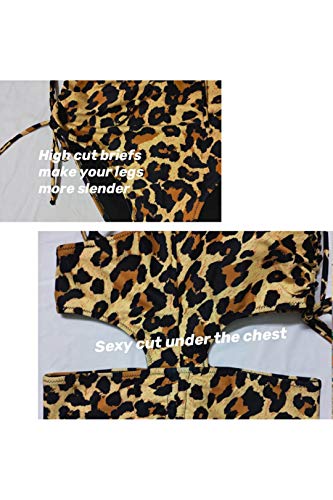 CIZITZZ Women\'s One Piece Swimsuit Cut Out High Waist Drawstring Padded Bathing Suits Monokinis,Leopard,L