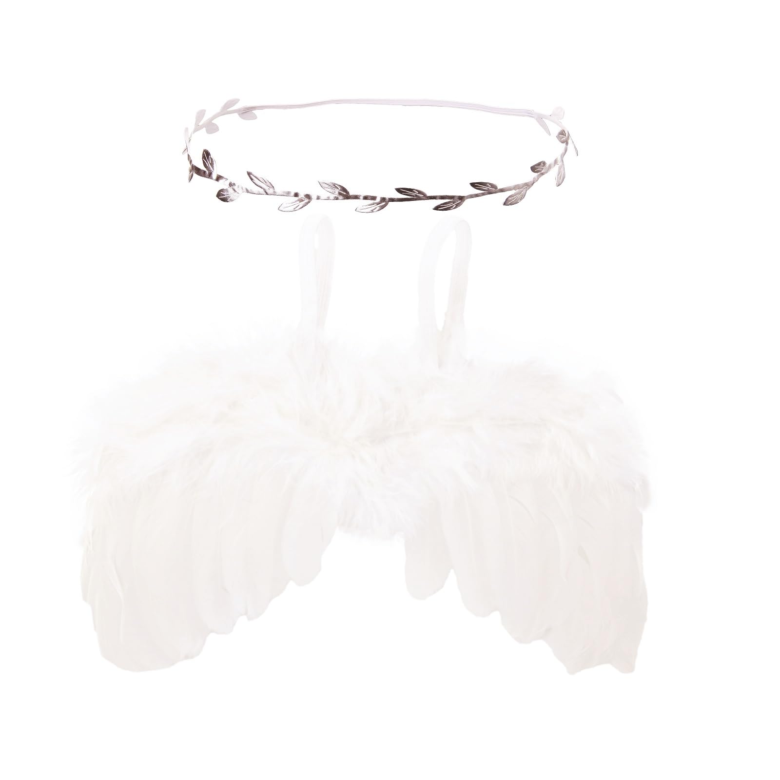 Photo 1 of Nishine 2 PACK White Newborn Fuzzy Feather Angel Wings + Headband Set for Baby Cosplay Girls Costume Photography (Silver Leaf)