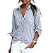 ZHU Womens Casual Blouse Striped Long Sleeve Ladies Lapel Top T shirt New