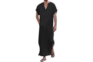 Jacansi Men's V-neck Short Sleeve Robe Side Split Kaftan Cotton Long Gown Thobe S-3XL