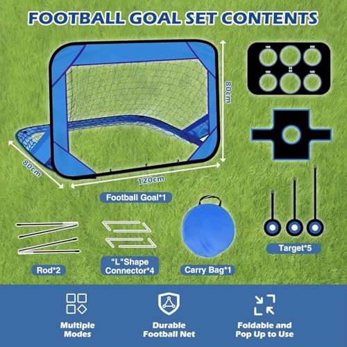 PINGWGO Portable Football Goal Net, 4-in-1 Football Training Set with Carry Bag, Foldable Mini Soccer Goal Net for Kids, Blue and Black, Multi-Mode Goal Post, Easy Assembly