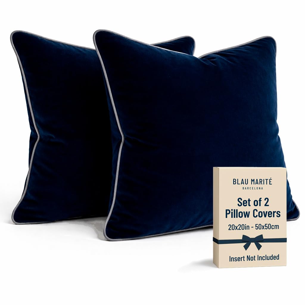 Blau Marité Set of 2 Velvet Throw Pillow Covers with Contrast Piping, Soft Decorative Cushion Covers, Navy Blue and Grey, 20"x20" (50x50 cm).