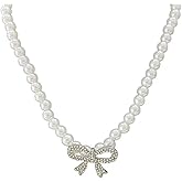 Glitter Rhinestone Bow Pearl Choker Necklace for Women,Classic Statement Crystal Bowknot Pearl Collar Necklaces,Dainty Wedding Christmas Jewelry Gifts