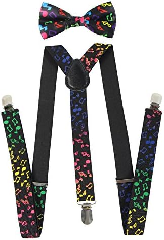 Keywin Men's Tuxedo Suspender &amp; Bow Tie Set Elastic Adjustable Strong Clip-on Suspender (Colorful Music Note)