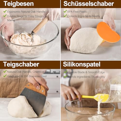 HELISAN 21-Piece Sourdough Starter Set with 2 Proofing Baskets (23 cm Round & 25 cm Ovals), 900 ml Glass Jar for Sourdough Fermentation, Complete Bread Baking Accessories for Beginners and Experienced Bakers