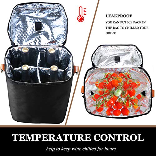 Collapsible Wine Totes Travel Carrier & Cooler Bag with Shoulder Strap,4 Bottle Picnic Cooler Bag with Insulated Neoprene Leakproof Liner,Water Drinks Beer Picnic Lunch Bag for Grocery,Camping(Black)