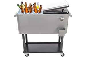 SSLine Portable Rolling Patio Cooler Ice Chest with Wheels Outdoor Cold Drink Beverage Bar Cart with Storage Shelf & Bottle Opener Home Deck Backyard Party Cooler Tub Trolley Cart