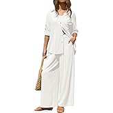 TARSE Women's Linen 2 Piece Outfits Casual Lounge Sets Long Sleeve Button Down Shirts Wide Leg Pants Vacation Set