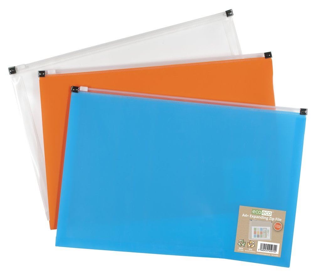 eco-eco A4+ 50% Recycled Expanding Zipper Expanding File Wallet,Orange,Blue (Pack of 2),eco070x2