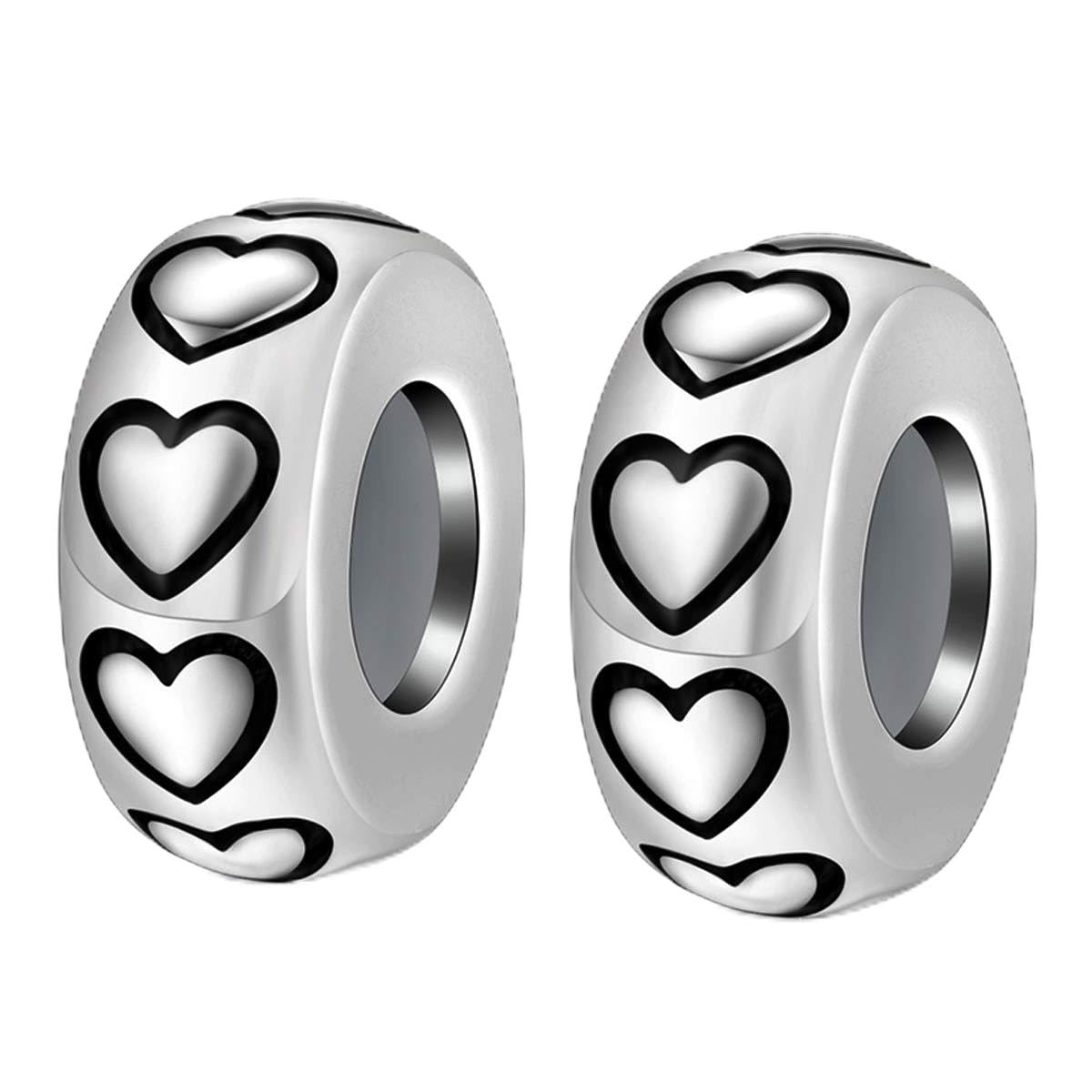 LOVANS 2 PCS 925 Sterling Silver Rubber Spacer Stopper Bead for Bracelets Jewelry Gift for Her Women (Silver With Heart)