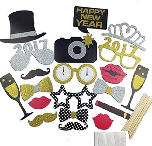 2017 Happy New Year Glitter Gold Papercard Photo Booth Props on a Stick For Sexy Wedding Birthday Party-20count