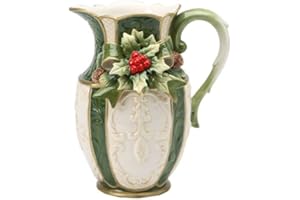 COSMOS GIFTS Fine Ceramic Christmas Emerald Green Holidays Holly Berry Pine Cone Pitcher, 8.5" H