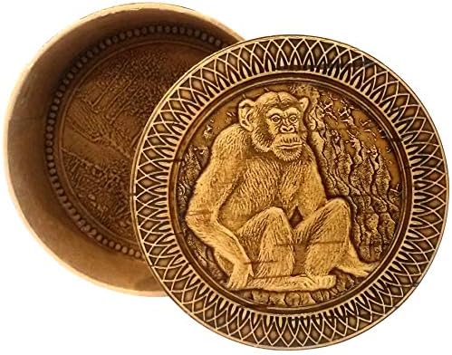 Round Decorative Trinket Birch Bark Wooden Box Animals (Monkey)
