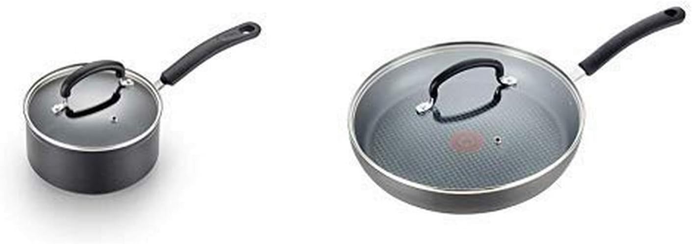 T-fal C5612464 Titanium Advanced Nonstick Thermo-Spot Heat Indicator Dishwasher Safe Cookware Saucepan AND E76598 Ultimate Hard Anodized Nonstick 12 Inch Fry Pan Black