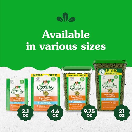 GREENIES CAT TREATS, FELINE VETERINARIAN-RECOMMENDED ADULT NATURAL DENTAL CAT TREATS, OVEN ROASTED CHICKEN FLAVOR, 9.75 OZ. TUB