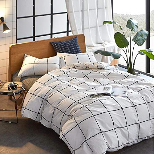 KAREVER White Grid Comforter Set Big Grid Bedding Set Twin Cotton White