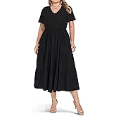Women's Plus Size Casual Dress Floral Tiered V-Neck Aline Short Sleeve Summer Maxi Dresses with Pockets Long Dress